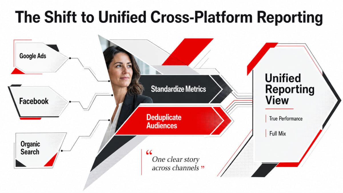 Visualize the cross-media measurement framework described in this section: standardizing metrics, deduplicating audiences, and unifying channels into one reporting view