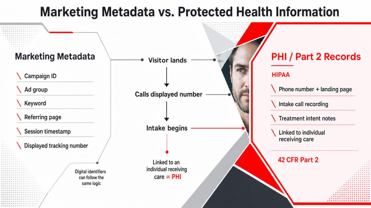 Visualize the split between marketing metadata and PHI/Part 2 records that the section explicitly contrasts, helping readers see which data fields sit inside the regulated perimeter