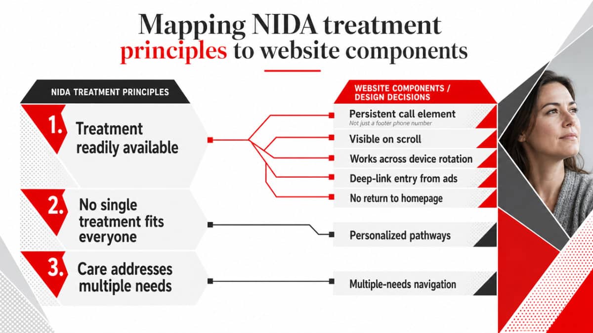 Visualize the framework mapping three NIDA treatment principles to specific website components, which the section explicitly enumerates