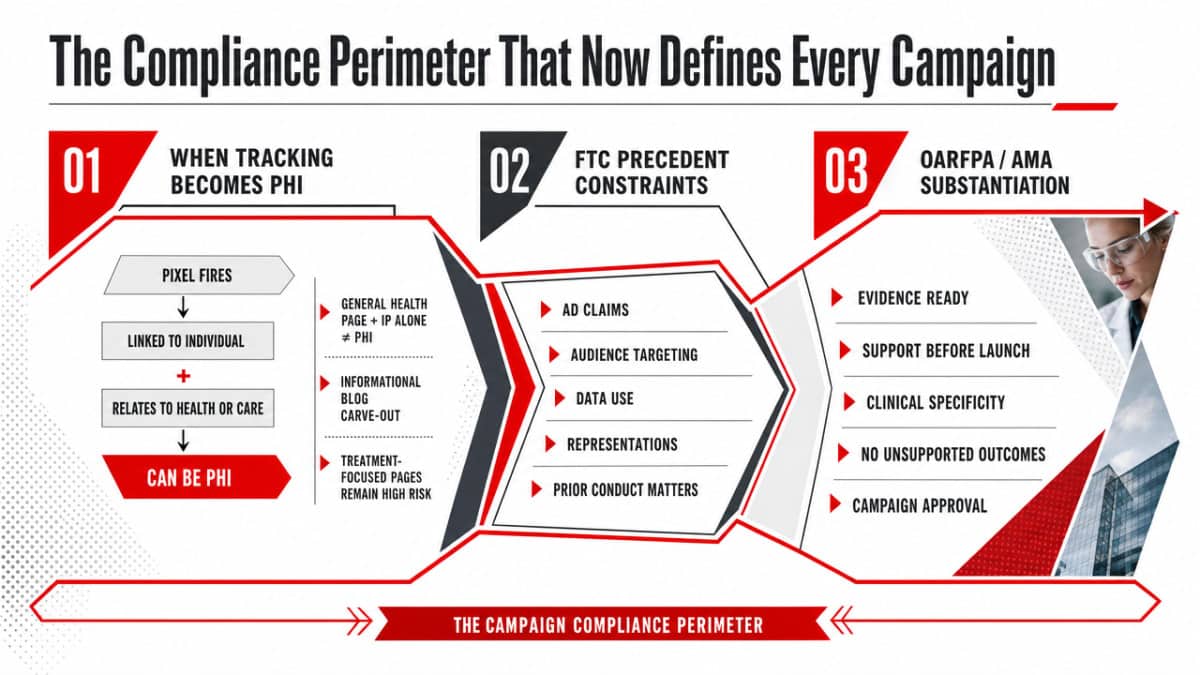 Process infographic mapping the compliance perimeter across the three subsections: when tracking becomes PHI, FTC precedent constraints, and OARFPA/AMA substantiation. Supports the section's framework directly